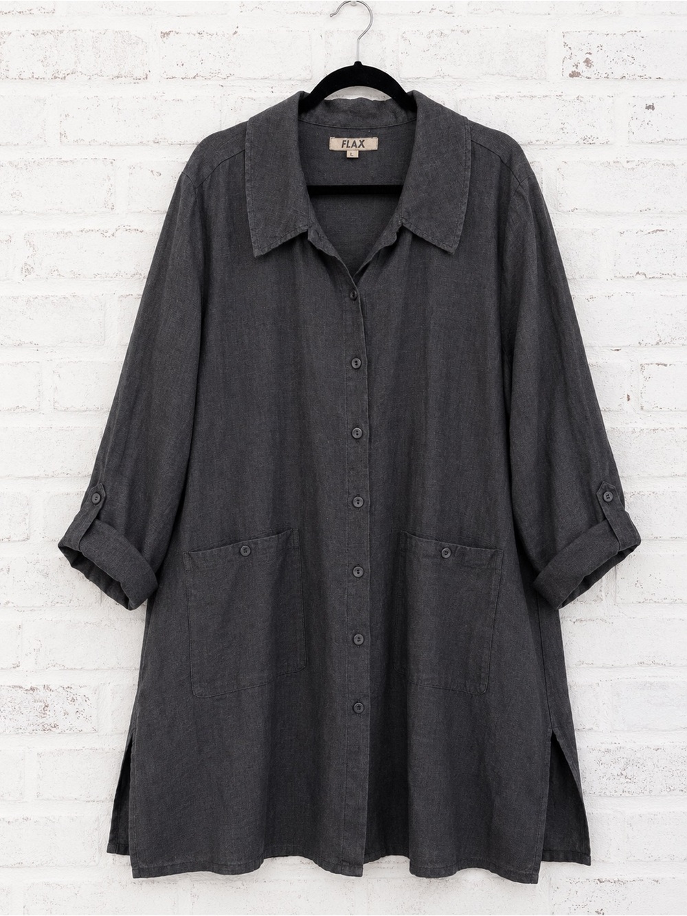FLAX Charcoal Gray Linen Long Shirt Jacket – Size L